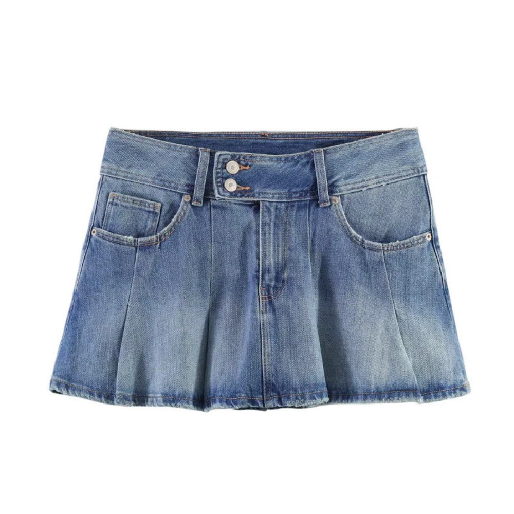 ZARA Trendy Versatile Denim Wide Pleated Mini Skirt